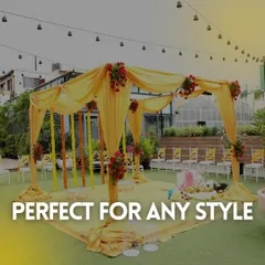 A perfect setup for a Haldi ceremony, featuring a beautiful yellow mandap decorated with marigold flowers on our lush green lawn.