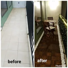 The power of a good plan. This before-and-after shot shows how I converted a narrow, unused balcony into a warm and inviting seating area. The transformation includes WPC deck flooring, soft lighting, and a border of white pebbles for a clean, finished look.