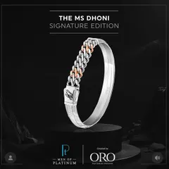 The MS Dhoni Signature Edition bracelet, featuring a platinum and rose gold chain link design with his signature engraved on the clasp.