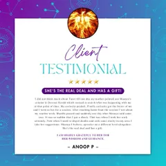 "She's the real deal and has a gift!" This powerful testimonial from Anoop P shares his journey from skepticism to belief after my predictions came true. It's a privilege to help clients find clarity in any situation.