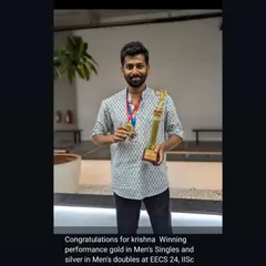 Success isn't just for the kids. Congratulations to our adult trainee Krishna for his stellar performance, winning Gold in Men's Singles and Silver in Men's Doubles at the EESC 24, IISC.