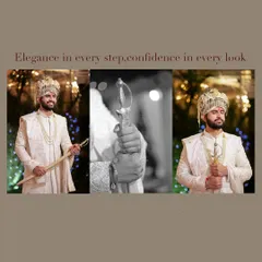 An elegant collage of the groom's wedding portraits. It features full-length shots showcasing his royal attire and a close-up of him holding a traditional sword.