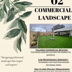My services extend to commercial properties, where I design professional landscapes that inspire and impress. This graphic outlines my approach, which includes tailored designs to enhance aesthetics, low maintenance greenery for minimal upkeep, and complete project management from start to finish.