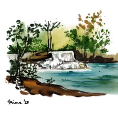 A peaceful waterfall surrounded by lush greenery. This landscape sketch captures the tranquility of nature using a loose, expressive watercolor style. I can paint your favorite natural spot.