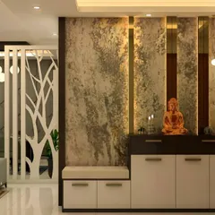 An elegant entryway console with a built-in seating bench. The design is set against a textured accent wall with vertical lighting, creating a warm and inviting entrance.