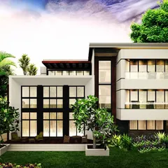 A design concept for a contemporary villa, emphasizing a strong connection between indoor and outdoor spaces. The double-height glass facade opens up the living area to the lush garden, creating a sanctuary of modern living.