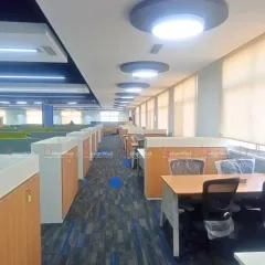 This perspective shows the organized layout of workstations along a windowed wall, maximizing natural light for employees. The ceiling features modern, circular LED light fixtures that provide even, glare-free illumination throughout the workspace.