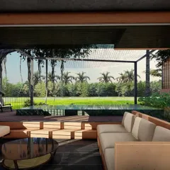 Our living spaces are designed to be open and fluid, connecting you directly with the outdoors. Here, the sunken lounge of our Corgao villa concept opens completely to the pool deck and the tropical greenery beyond, creating a seamless transition for a true indoor-outdoor lifestyle.