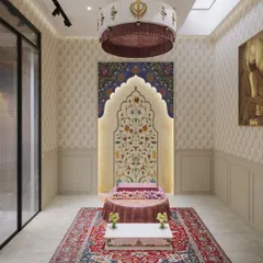 A perfect balance of culture and modernity. This prayer room features a beautiful floral inlay arch, a traditional rug, and a custom chandelier, creating a space that elevates the soul.