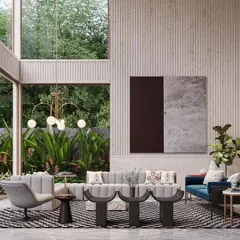 This render for an upcoming project shows a double-height living space that opens onto a lush garden. The design uses textured walls, a geometric rug, and a mix of furniture styles to create a space that is both grand and inviting.