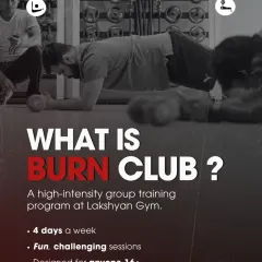 A glimpse of a Burn Club session in action, with a member holding a plank, a core-strengthening exercise. This graphic explains the basics of the program: a fun, challenging, high-intensity workout open to anyone 16 and older.