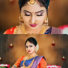 A two-panel collage showing both a detailed makeup shot and a poised three-quarter portrait. This format is excellent for showcasing the work of a makeup artist while also displaying the full effect of the saree and jewelry.