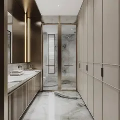 Two views of a sleek, modern bathroom featuring a long vanity with fluted details and warm, integrated lighting. Our renders highlight the beautiful contrast between the veined marble floor and the matte gold and beige finishes.