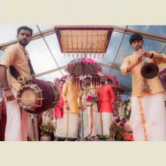 The Kashiyatra is an important pre-wedding ritual in Iyer weddings. The groom's veshti is draped meticulously to hold up during this procession, complete with traditional accessories.