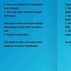 Here is an example page from the book, explaining how to make a single crochet and a double crochet stitch. I used clear, step-by-step instructions and large text to make the learning process as simple as possible for young readers.
