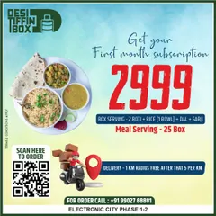 For my customers in Electronic City, I have this special introductory subscription offer. You can scan the QR code to easily place your order and get started with a full month of homemade meals delivered to your doorstep.