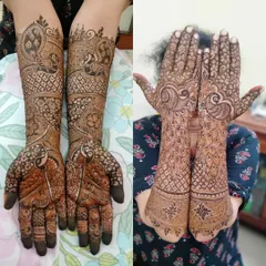 A perfect example of an Indian peacock style mehendi for an engagement. The design is filled with graceful peacocks and intricate feather patterns.