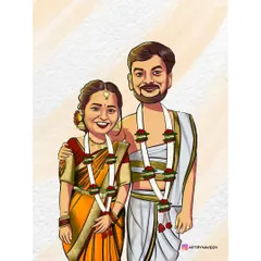 I love creating wedding caricatures that celebrate traditional ceremonies. For this piece, I focused on getting the details just right, from the texture of the silk saree and veshti to the delicate flower garlands.