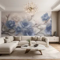 This serene 5D wallpaper features large, embossed blue flowers on a light, airy background. It's a perfect choice for creating a calm and peaceful ambiance in a bedroom or living area.