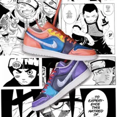 For all the anime fans, this one was a blast. I designed this pair of custom Nike Jordans with a split Naruto and Sasuke theme, bringing the iconic manga panels to life with vibrant colors.