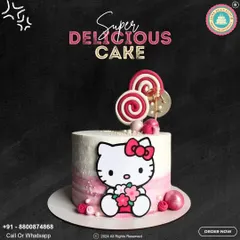 A super delicious Hello Kitty cake that's perfect for fans. This design features a pink ombre effect, a cute Hello Kitty figure, and fun lollipop decorations for a sweet and playful look.