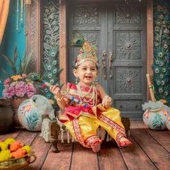 A joyful 'Little Krishna' sitting on a miniature charpai. The elaborate backdrop, featuring a traditional Indian door and peacock motifs, creates a rich and authentic setting.