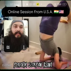 An online session with our student Esther in the U.S.A. as she practices Vrischikasana, or Scorpion Pose, with our virtual guidance. We provide detailed instruction to ensure safety and progress, no matter where you are.