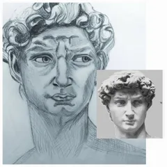 Here you can see my final sketch of David next to the reference image. My portrait study classes focus on learning to see and replicate proportions, light, and shadow accurately to create a faithful representation.