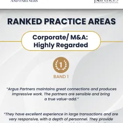 Our commitment to delivering value-added, sensible legal advice on large transactions is reflected in our Band 1 ranking for Corporate/M&A by Chambers and Partners. This recognition is a direct result of the trust our clients place in us and our team's deep experience.