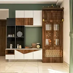 A multi-functional unit that combines a modern crockery cabinet with a traditional wooden pooja unit. This is a great space-saving solution for apartments.