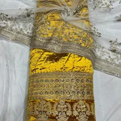 This bright yellow velvet fabric brings a touch of sunshine to the luxurious collection. The detailed embroidery along the border makes it a standout choice for haldi or sangeet ceremonies.