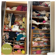 This is a common sight: two wardrobes completely overwhelmed with clothes, bags, and clutter, making it impossible to find anything. This was a virtual project for a client in Delhi.
