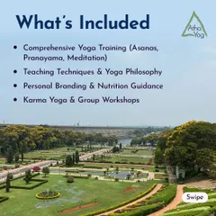 Our residential curriculum is comprehensive. This image, set against the beautiful backdrop of Brindavan Gardens in Mysore, outlines what's included in the training. You will receive in-depth instruction in asanas, pranayama, meditation, teaching techniques, yoga philosophy, and even personal branding guidance.