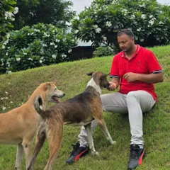 After an exciting game, it's time for a calm reward. Here, I'm sitting on the grass with two dogs, reinforcing that calm behavior gets them affection and treats. This balance of play and calm is key.