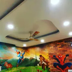 We create entire worlds for kids' rooms. This project combines a full-wall painted mural featuring Superman and other characters with a custom 3D Spiderman relief sculpture that appears to burst through the brickwork.