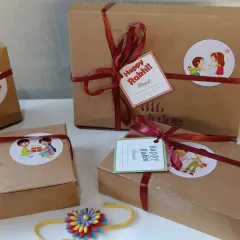 My custom Rakshabandhan hampers are filled with an assortment of baked goodies. They come beautifully packaged with a rakhi, ready to be gifted to your loved ones.