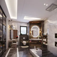 A comprehensive view of a luxurious master bathroom, featuring a rain shower, a dedicated vanity and dressing area, and integrated wardrobe spaces for a complete retreat.