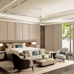 Another perspective of the master bedroom, emphasizing the clean lines of the wall paneling and the spacious layout. The design balances modern aesthetics with a feeling of warmth and comfort.