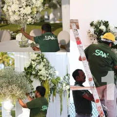 A collage celebrating a decade of floral artistry. It showcases our team in action, from arranging centerpieces to constructing large-scale installations. We are incredibly thankful for their dedication.