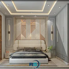 A sophisticated bedroom concept with a striking geometric headboard panel in rose gold and white. The design includes sleek wall-mounted lights and a full-wall wardrobe for ample storage.