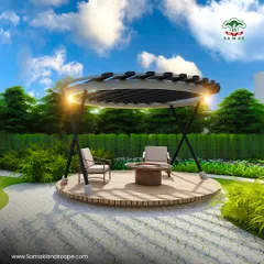 This modern gazebo design features a circular wooden deck and a slatted roof, offering a contemporary take on a classic garden structure. It's a perfect spot for intimate conversations, surrounded by lush greenery and integrated lighting.