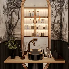 The vanity area of the powder room, featuring a unique floating wooden countertop, a black vessel sink, and a stunning arched mirror.