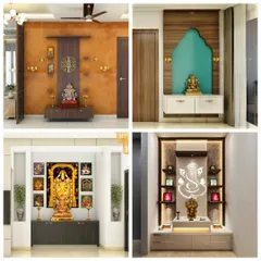 A collage of different pooja unit designs, showcasing various styles from wall-mounted units to more elaborate setups.