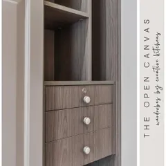 A detailed shot of the open carcass section of our "Open Canvas" wardrobe. The rich wood grain provides a warm, organic contrast to the smooth, neutral European membrane finish of the main body.