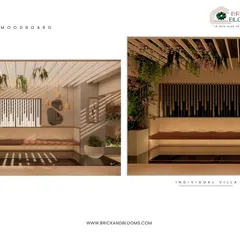 This design concept highlights built-in seating and creative use of lighting. The long bench provides ample seating while saving space, and the combination of hanging plants, a slatted feature wall, and under-seat lighting adds depth and modern flair.
