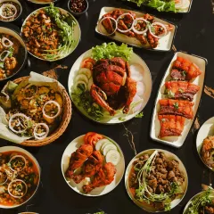 This is what a true Manipuri feast looks like. A table full of our specialties, including whole fried chicken, pork ribs, flavorful curries, and fresh salads, perfect for your large gatherings and parties.