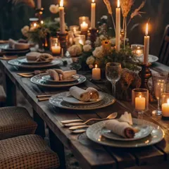 A close-up of a rustic, candlelit dinner table. The wooden table, mismatched vintage plates, and warm lighting create a cozy and inviting setting for an intimate gathering.