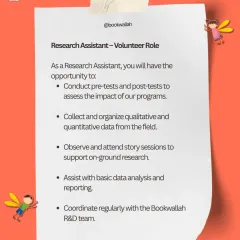 An overview of the Research Assistant volunteer role. Play a crucial part in assessing our program's impact by collecting data and supporting our R&D team.