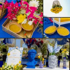 The color palette was a stunning contrast of sunny yellows and cobalt blues. The auspicious turmeric paste stood out beautifully against the vibrant decor.