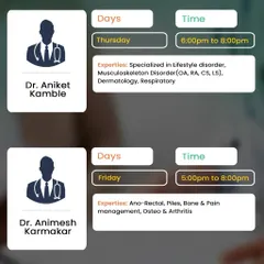 Find Dr. Aniket Kamble and Dr. Animesh Karmakar at our Andheri branch for help with musculoskeletal disorders, pain management, and respiratory issues.